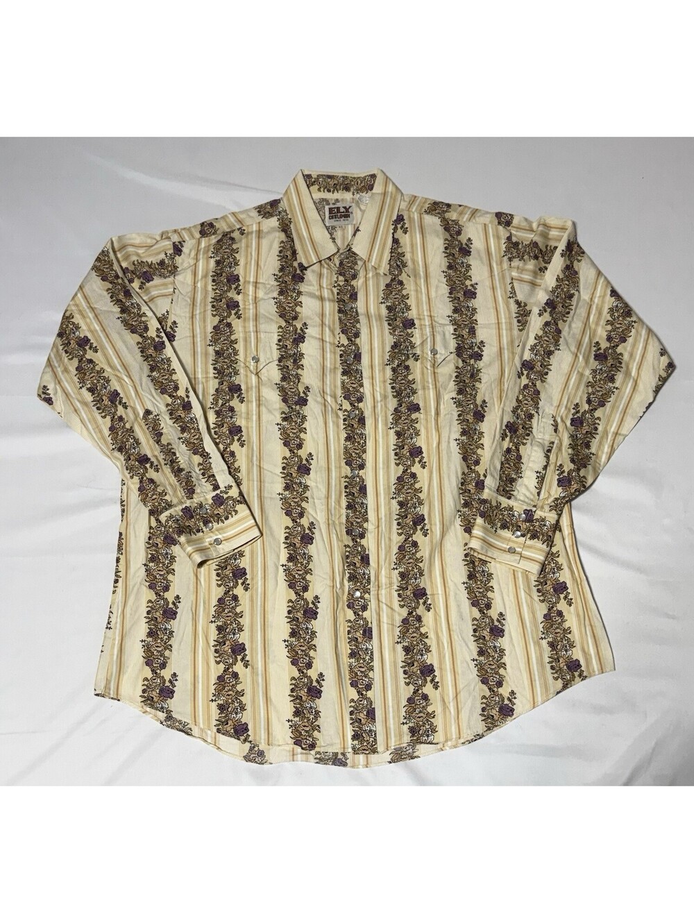 70s ELY Cattleman Western Shirt Mens XL Rose Floral Stripe Pearl Snap Ranch